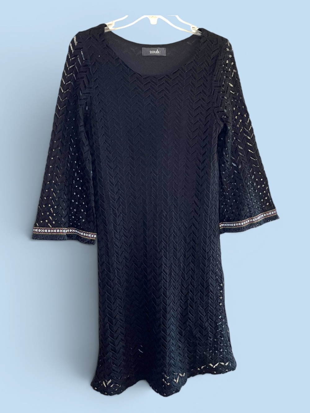 Zouk Black Chevron Crochet Dress Bell Sleeves Size Large
